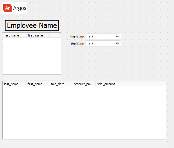 The dashboard in the designer window with the new multicolumn listbox. The new listbox has column headers matching the fields selected in the query.